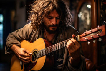 Fototapeta premium Bearded Man Playing Acoustic Guitar.