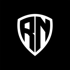 RN monogram logo with bold letters shield shape with black and white color design