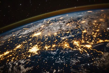 Spectacular nighttime view of Earth from space, lit up by countless sparkling city lights across continents