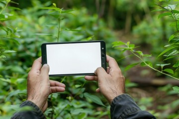 Two hands holding a mobile device with horizontal white screen, outdoor nature