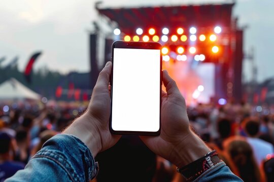 Two hands holding a mobile device with horizontal white screen, outdoor at the concert