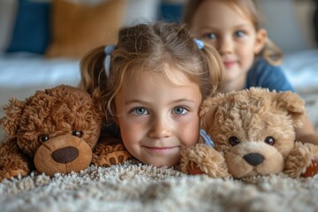 Smiling girl surrounded by plush teddy bears with another child in the background, lying on a fluffy carpet