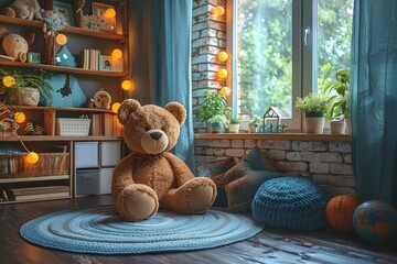 A warm, cozy corner with a teddy bear, plants, and comfy pillows, capturing a child's imaginative space - obrazy, fototapety, plakaty