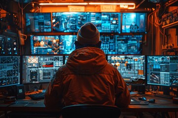A person in warm attire observes an elaborate control panel with screens and buttons - obrazy, fototapety, plakaty