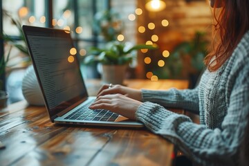 A woman types on a laptop in a warmly lit environment with a plant by her side