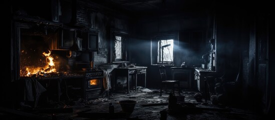 An intimate dark room illuminated by a flickering fire in the fireplace, featuring a solitary chair