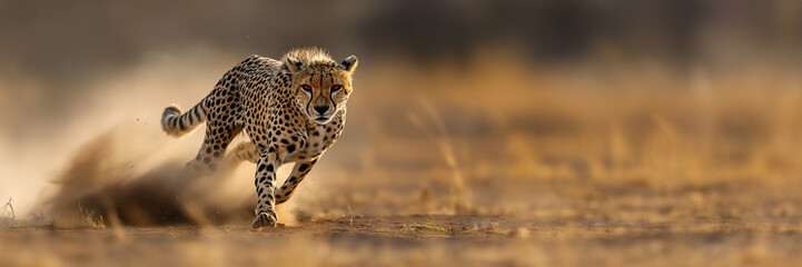 Cheetah running to hunt in the savannah, panoramic wildlife banner with copy space