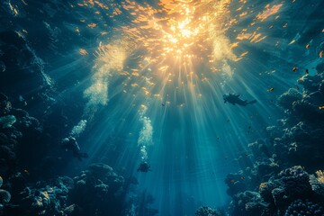 Mesmerizing underwater vista with divers surrounded by sunbeams penetrating the serene blue ocean depth - obrazy, fototapety, plakaty