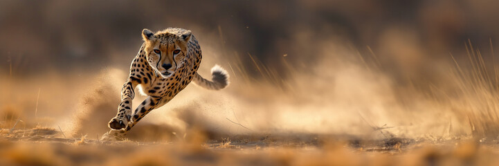Cheetah sprinting to hunt prey in the savannah, panoramic wildlife banner with copy space