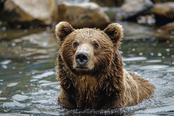 Fototapeta premium Close-up of a tranquil brown bear enjoying a swim, with water droplets beading off its shaggy fur, conveying calmness