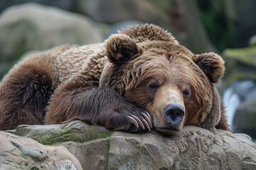 Peaceful brown bear captured taking a moment of rest, its face a portrait of relaxation on a rock amid nature