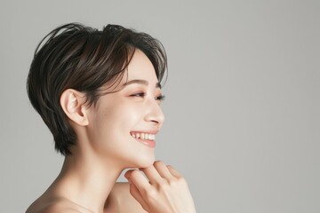 Joyful Japanese Woman with Elegant Short Hairstyle. Generative AI.