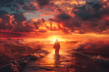 The figure of Jesus walks on water on a beautiful dramatic sunset background, biblical theme concept. - obrazy, fototapety, plakaty