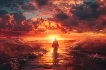 Fotobehang The figure of Jesus walks on water on a beautiful dramatic sunset background, biblical theme concept. © Jhon