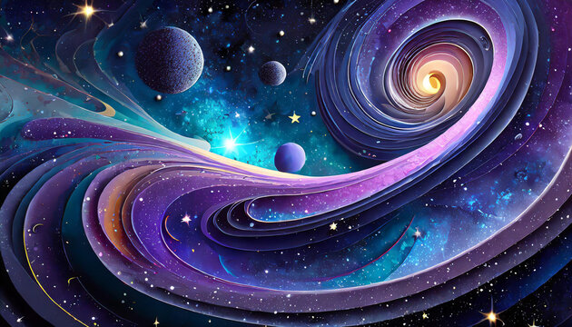 Abstract 3D Liquid Swirl Encountering a UFO in a Cosmic Landscape. Ideal for Space Art, Science Fiction Backgrounds, Futuristic Design Elements, and Imaginary Universe Concepts.