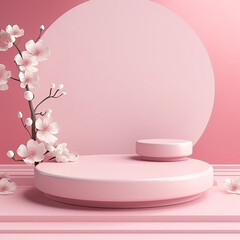 Empty round podium for product display on pink background with cherry blossoms Generative AI illustration