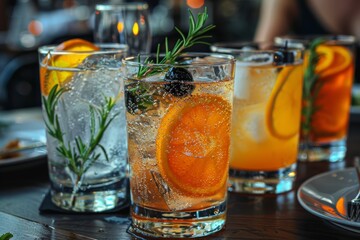 An array of fresh cocktails with botanical garnishes lined up on a bar, symbolizing variety and taste
