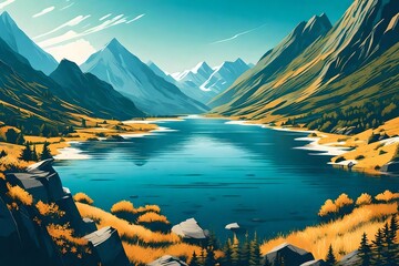 Illustration vector design landscape and nature of mountain and river