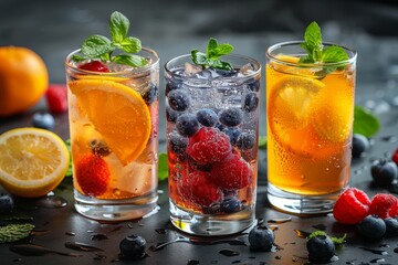 Three refreshing fruit cocktails with an assortment of berries, citrus, and mint in a misted glass setting - obrazy, fototapety, plakaty