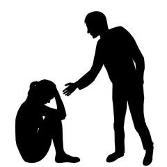 Man extending a helping hand to a sad woman sitting on the floor