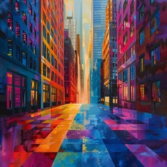 An abstract cityscape where buildings shimmer with the tones of a jazz riff Streets pulsate with hues, sounds reverberating through the urban symphony Style - obrazy, fototapety, plakaty
