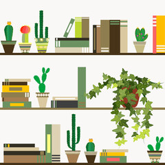 Background with shelves full of flower pots and books