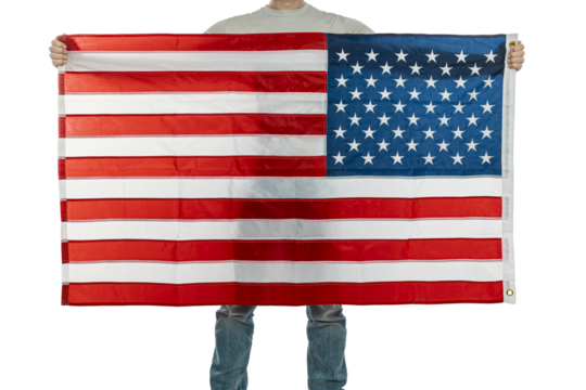 Person holding an american flag in front of a white background
