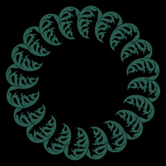 Round floral frame with stylized leaves. Vintage motif. Green mandala on black background.
