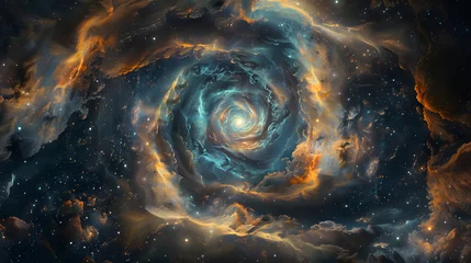 Zelfklevend Fotobehang An artwork of spiraling nebula clouds, with a cosmic void as the background, in a dimension of interstellar dreams © VirtualCreatures