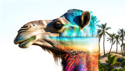 camel, Doppelbelichtung, strand, Dubai, palmen, meer, artwork, close up, neu, kopf, modern, kunst, design, weiss, tier, strand, y2k, 80s, 90s, photo, doppelt, Doppel, lifestyle, design, gestalten,  - obrazy, fototapety, plakaty