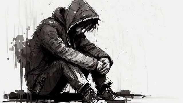 down and out young boy in a hoodie sitting on ground looking depressed. mental health concept. sketch style animation loop.