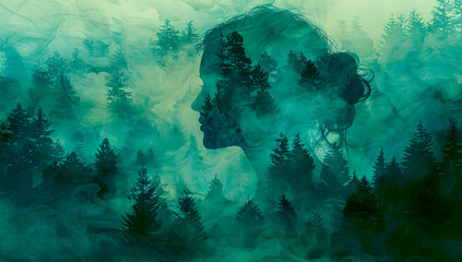 Woman in a foggy forest, creative art blending nature and female beauty in a mysterious setting