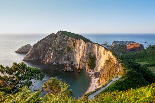 View of Silencio beach in Cudillero, Asturias. Seascape. Sunset seascape
