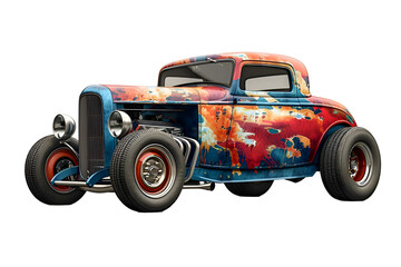 A 3D animated cartoon render of a vintage hot rod with a unique custom paint job.