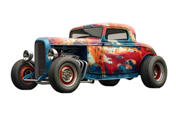 Tuinposter A 3D animated cartoon render of a vintage hot rod with a unique custom paint job. © Render John