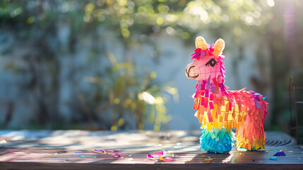 Multicolored llama pinata on sunlit table, capturing the playful spirit of a garden party or Cinco de Mayo with the warm glow of the afternoon sun