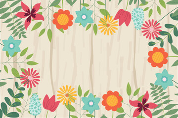 Hand sketched background, vector illustration. Borders with leaves and flowers for greeting card, invitation template in pastel colors on wooden texture background. Retro, poster, background.