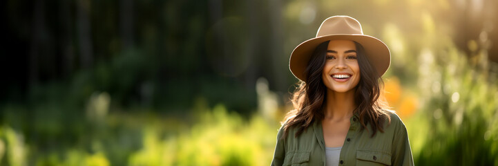 A radiant brunette young woman in olive green shirt and a stylish hat smiles brightly in a sun-kissed forest copy space, web banner