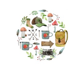 A composition in a circle with objects for travel and recreation, a tent with a backpack, a cap, a teapot with mugs, a watercolor illustration highlighted on a white background