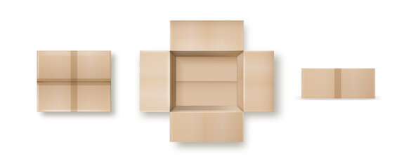 Box. Empty open and closed cardboard box. Realistic cardboard box mockup set from side, front and top view open and closed isolated on white background. Parcel packaging template. Vector