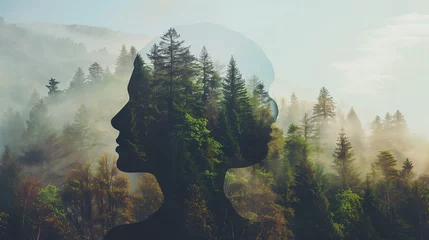 Papier Peint photo Gris 2 The outline of a human head contains a serene landscape background, symbolizing the concept of inner peace and mental tranquility. Ample copy space allows for additional messaging or branding.
