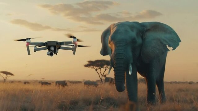 A drone is flying over a herd of elephants in the wild. The scene is serene and peaceful, with the elephants walking through the grassy field. The drone is capturing the beauty of the moment