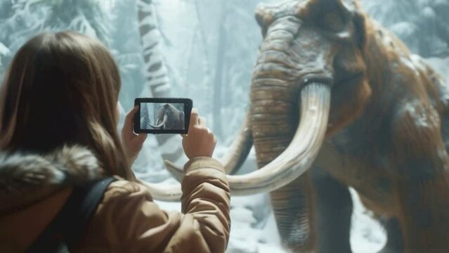 A woman is taking a picture of a large elephant with a tusk. The elephant is in a snowy forest, and the woman is wearing a brown jacket. The scene is peaceful and serene