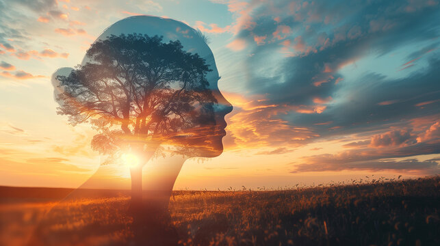 The outline of a human head contains a serene landscape background, symbolizing the concept of inner peace and mental tranquility. Ample copy space allows for additional messaging or branding.