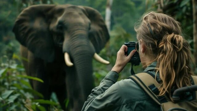 A woman is taking a picture of an elephant in the wild. The elephant is standing in front of her, and she is holding a camera. The scene is peaceful and serene, with the woman