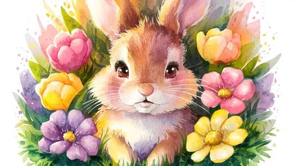 Foto op Canvas Cute rabbit among wildflowers and grass. Watercolor cute bunny and spring flowers. Happy Easter concept. Floral postcard, card, banner.  © maxi