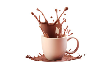 Splash of hot chocolate in a white mug isolated on transparent background