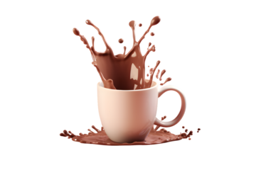 Splash of hot chocolate in a white mug isolated on transparent background