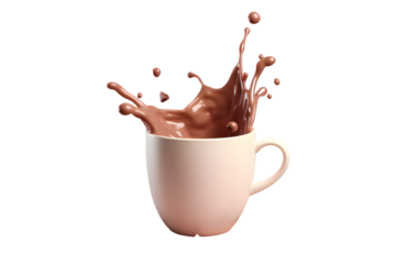 Splash of hot chocolate in a white mug isolated on transparent background