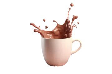 Rolgordijnen Splash of hot chocolate in a white mug isolated on transparent background © Oksana
